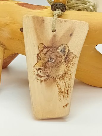 Hand Drawn Lioness Yew Wood Wood Pendant