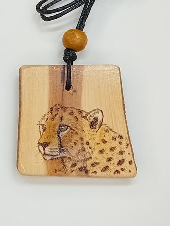 Cheetah Hand Drawn Yew Wood Pendant