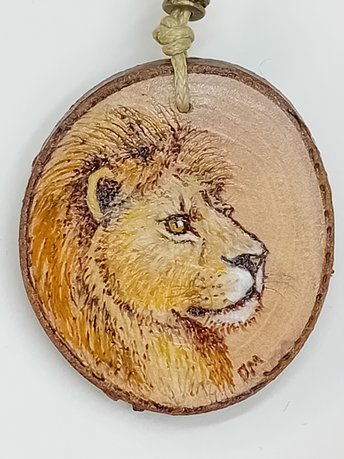 Hand Painted Lion Blackthorn Wood Pendant