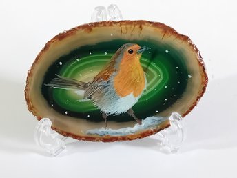 Robin in the Snow Painting on Agate