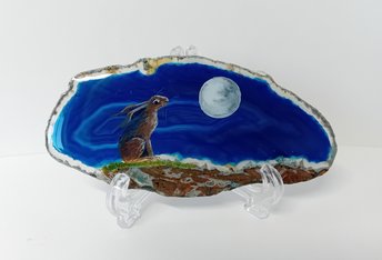 Moon Gazing Hare Painting on Agate
