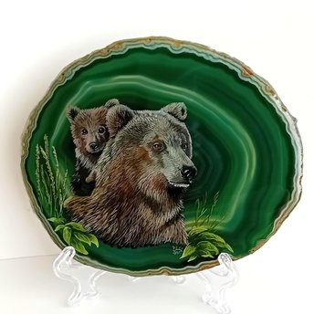 Brown Bear and Cub Painting on Agate