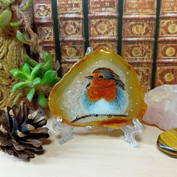 Robin in the Snow Painting on Agate
