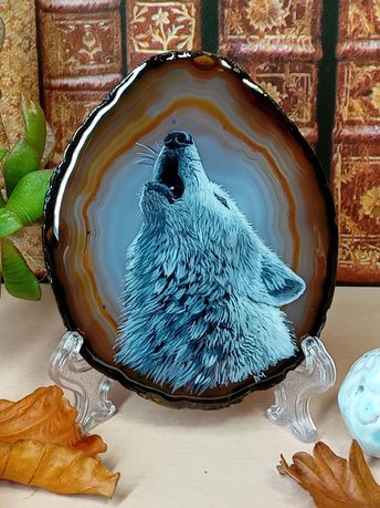 Howling Wolf Painting on Agate
