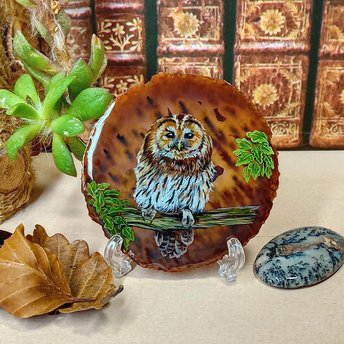 Tawny Owl Hand Painted on to Agate