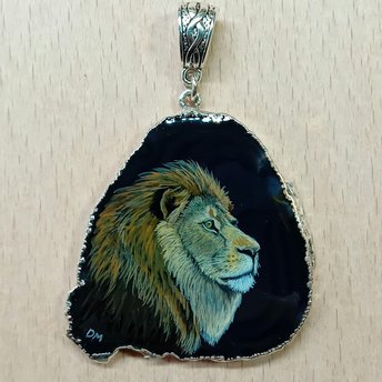 Hand Painted Lion Agate Pendant, big cat pendant