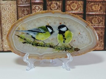 Great Tit Birds Painting on Agate Slice