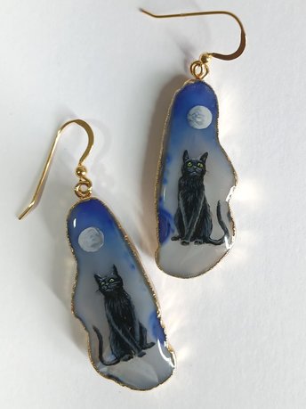 Black Cat Hand Painted Agate Earrings
