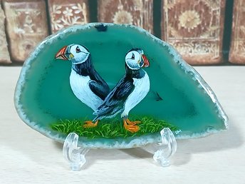 Puffins Painting on Agate