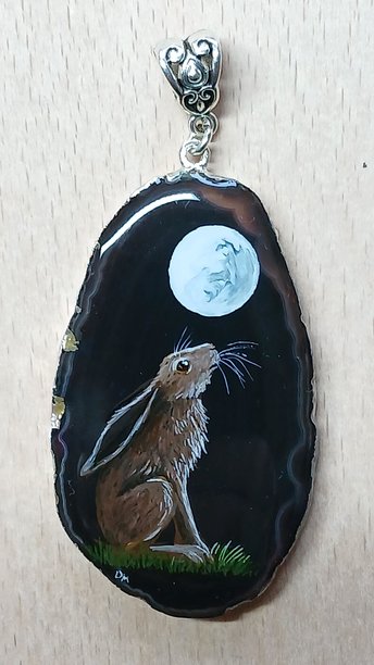 Moon Gazing Hare Hand Painted Agate Pendant