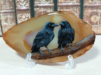 Ravens Hand Painted on to Agate Slice